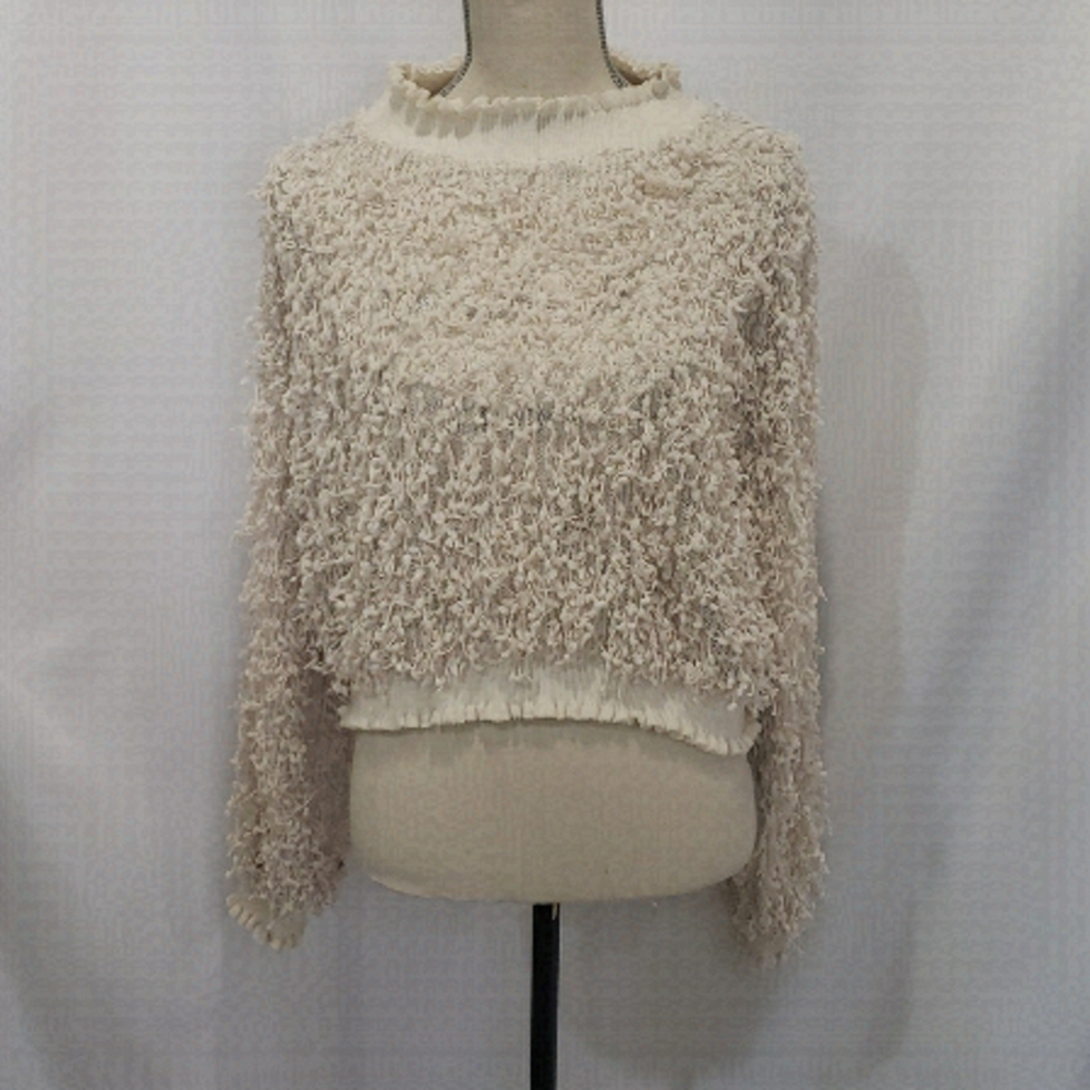 ZARA TRAFALUC Fringe Pom Pom Loose Knit Ruffle Trim Hem Cropped Sweater Top